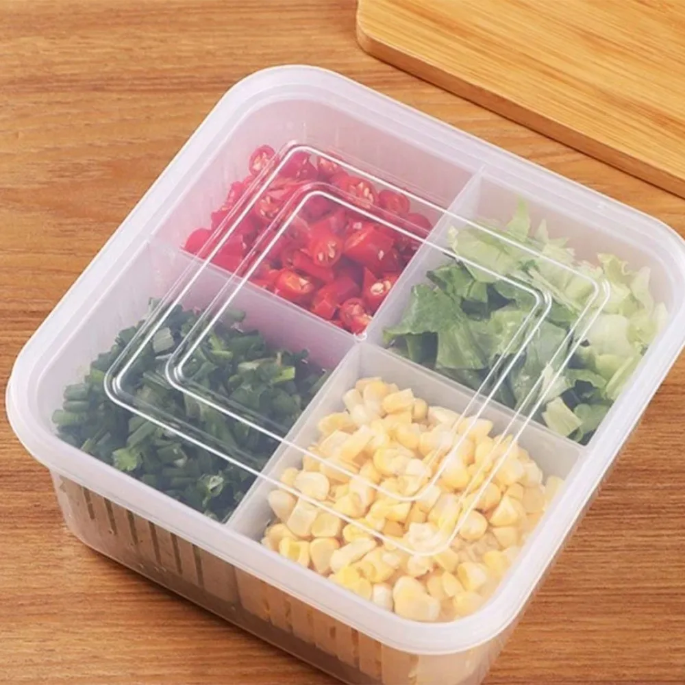 Practical 4-grid Storage Box Large Size with Lid Fresh Box Sealed Drainable Vegetable Box Scallion Organize
