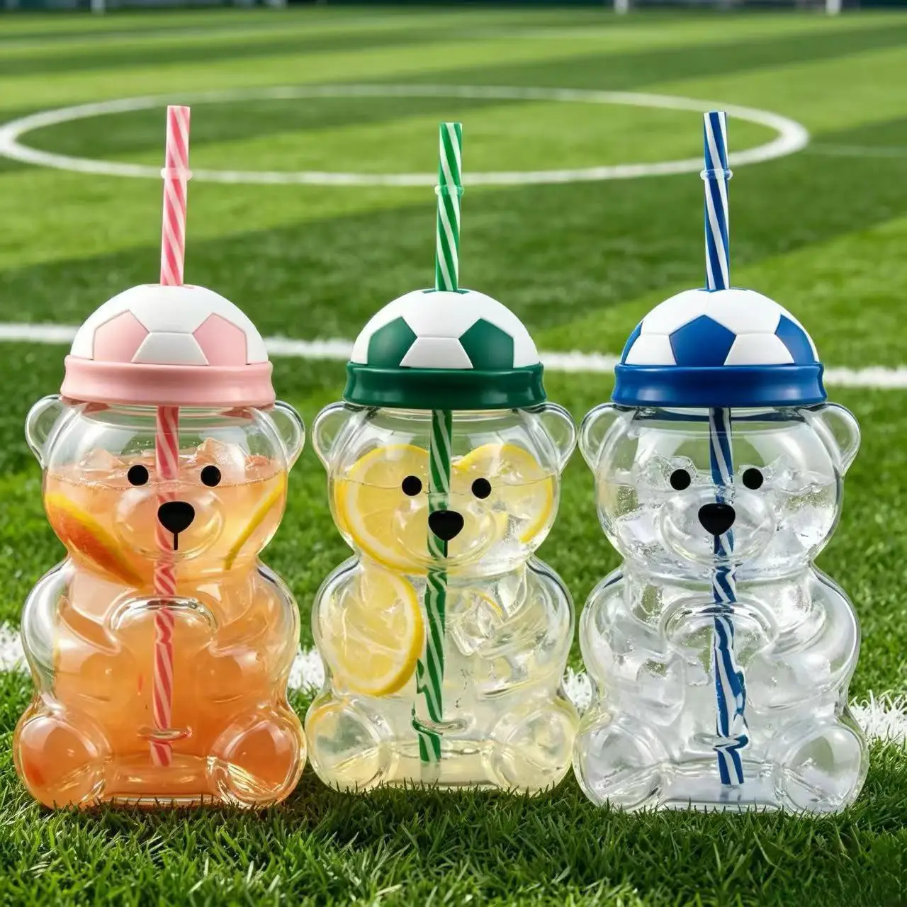 Football Bear Design Large Capacity Bottle with Glass Straw, Cute Bear Glass Straw Cup Gift 580ML