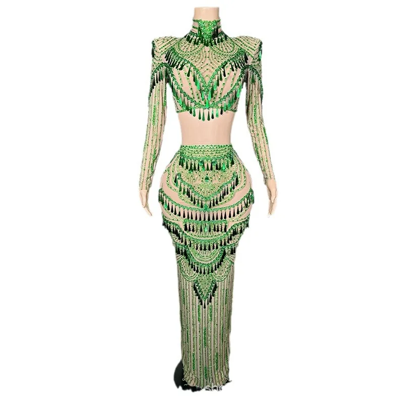 Verde Bianco Temperamento Moda Due pezzi Azienda Riunione annuale Cerimonia di premi Abito da sera Abito da canto per palcoscenico di gruppo da donna