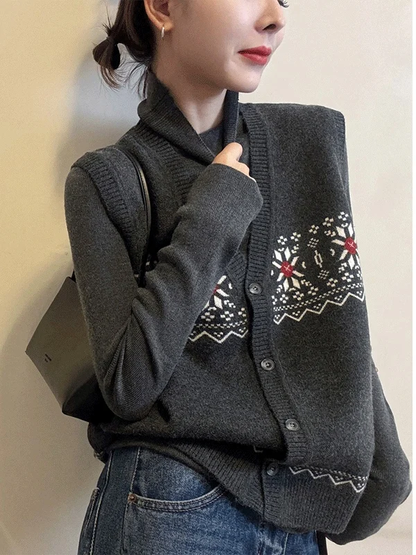 Retro Fair Isle Knitted Vest Button up Patchwork Top Layering New Style 2026 Open Cardigan Shoulder Top Women's Jacket