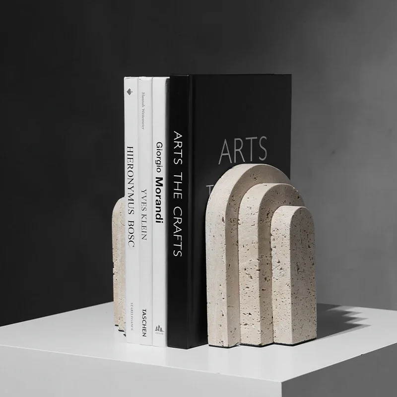 Natural Travertine Marble Bookends Pair Vintage U Shape Beige Stone Bookend Book Stand Holder Room Decor Home Decoration