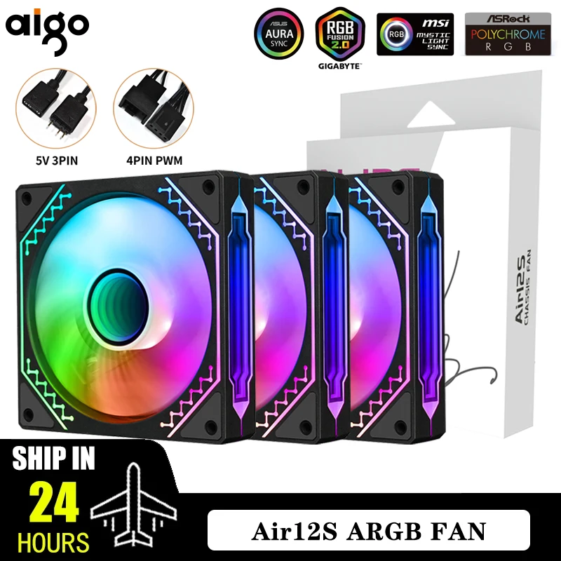 

Aigo AIR12S Case Fan Ventoinha PC Computer 120mm RGB Fan 4pin PWM CPU Cooling Fan 3pin5v Unlimited Space Argb 12cm Ventilador