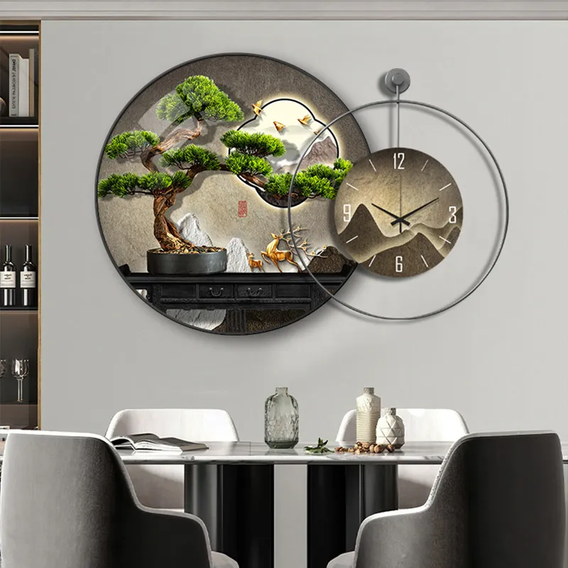 Decorative Painting With Wall Clock High-end Living Room Landscape Luxury Mural Mute Number Clocks Wall Hang Clock Home Decor