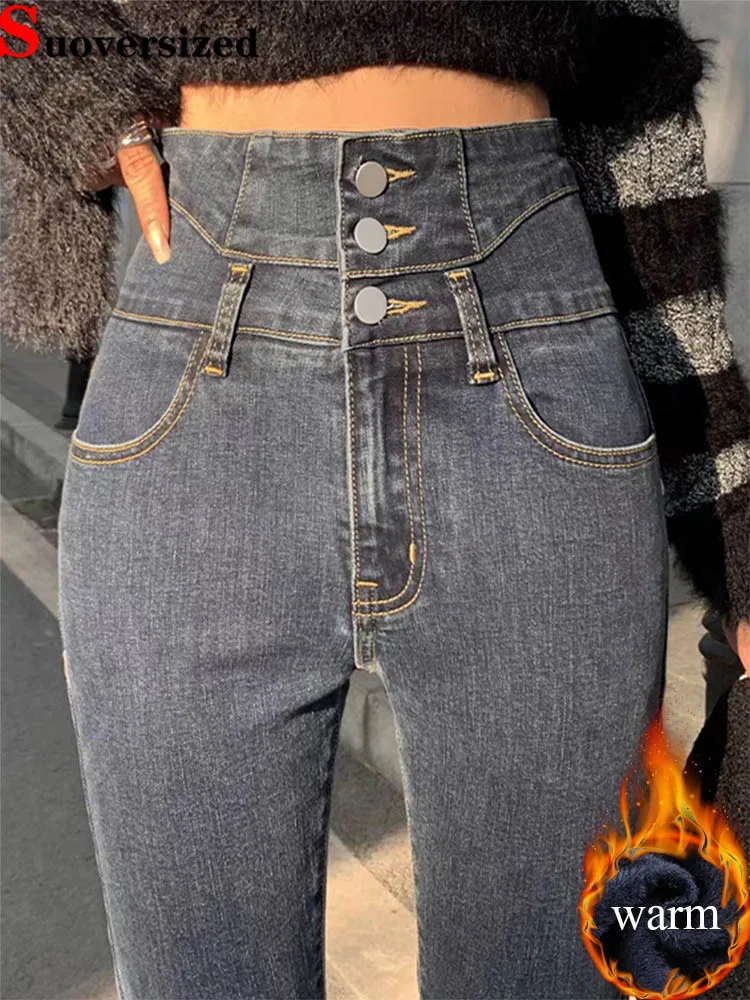 

Узкие джинсы-карандаш с высокой талией, корейские модные джинсовые брюки на бархатной подкладке, зимние теплые однотонные повседневные винтажные эластичные тонкие брюки Vaqueros
