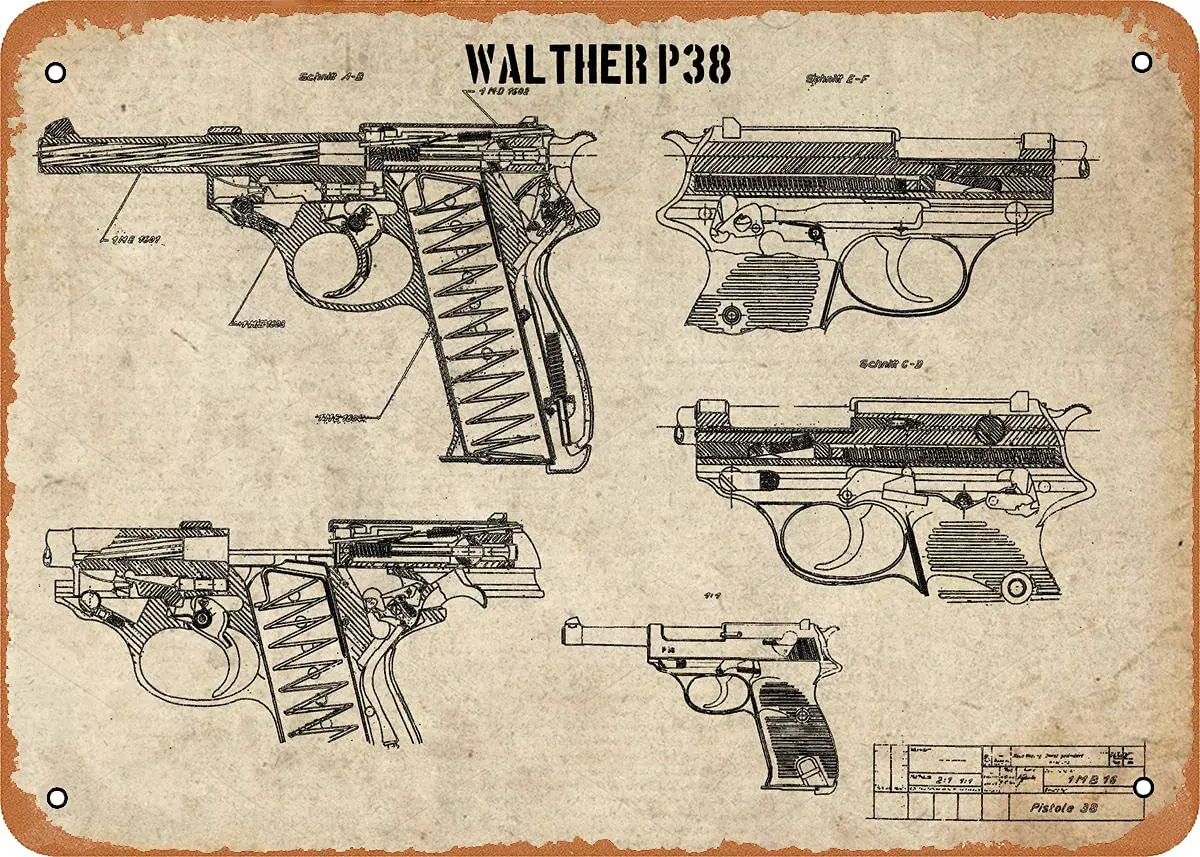 NIUMOWANG Walther p38 Gun Brown Retro Vintage decorativo cartel de chapa de Metal 8x12 pulgadas
