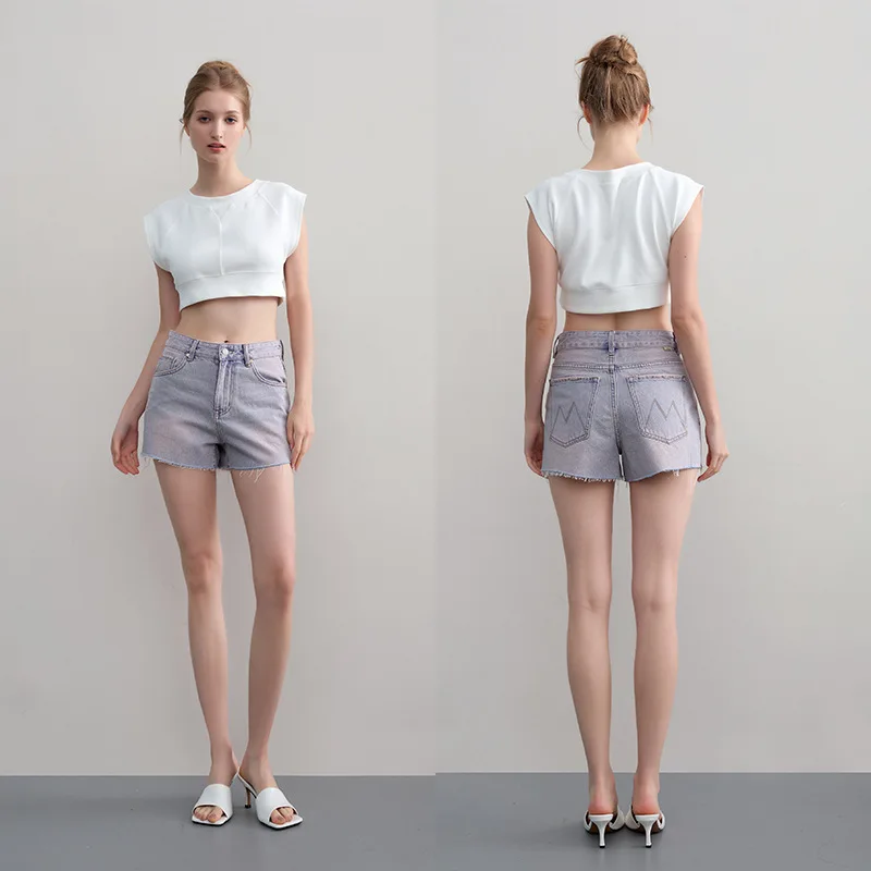 

Denim Shorts For Women 2024 Spring/Summer Light Blue Cotton High-Waist Frayed Hem Casual Style Zipper Fly Minimalist Design