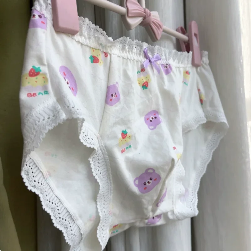 Men Cute Sweet Cartoon Printed Lace Edge Bow Panties LGBT Convex Pouch Underwear Sissy Cross-dressing Soft Comfortable Lingerie