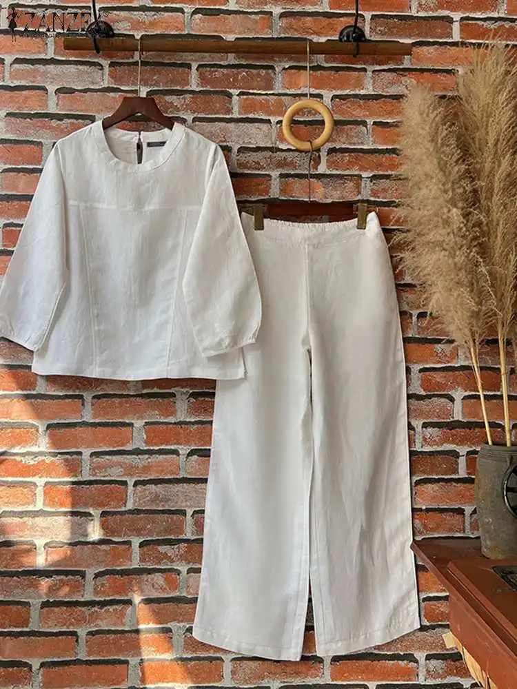 2024 ZANZEA moda donna tuta autunno 3/4 manica camicetta pantaloni gamba larga abiti solidi coordinati set lavoro Casual Outifits 2 pezzi