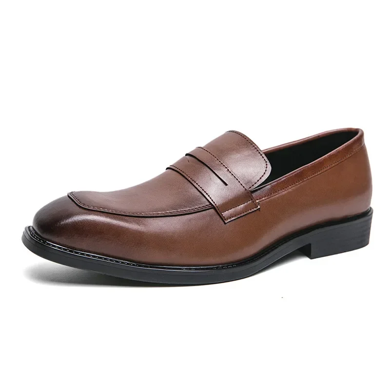 Fashion Penny Slip On Loafers Leather Men Shoes Simple Pointed Toe Dress Business Suit Casual Party Wedding Shoes For Man2024