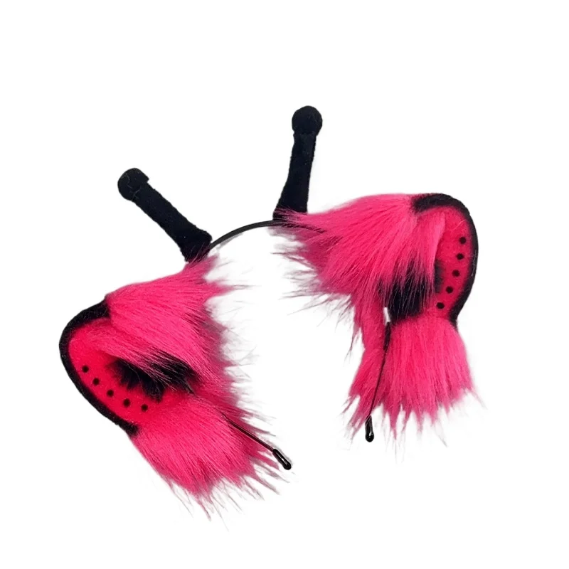 Handgefertigtes Halloween-Alien-Ohr- und Schwanz-Set, Cosplay-Party-Requisiten, Ohr-Kopfbedeckung, Rosenrotes Set