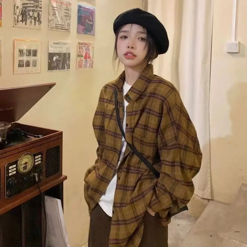 Camisa a cuadros cepillada Top Otoño Invierno nuevo estilo de Hong Kong camisa suelta Retro chaqueta Casual de manga larga