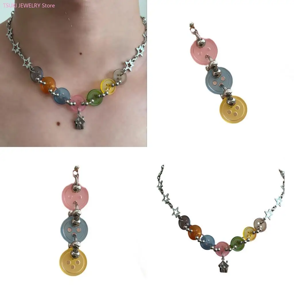 62KE Button Jewelry Accessory with Silver-Tone Detail for Outfit Styling