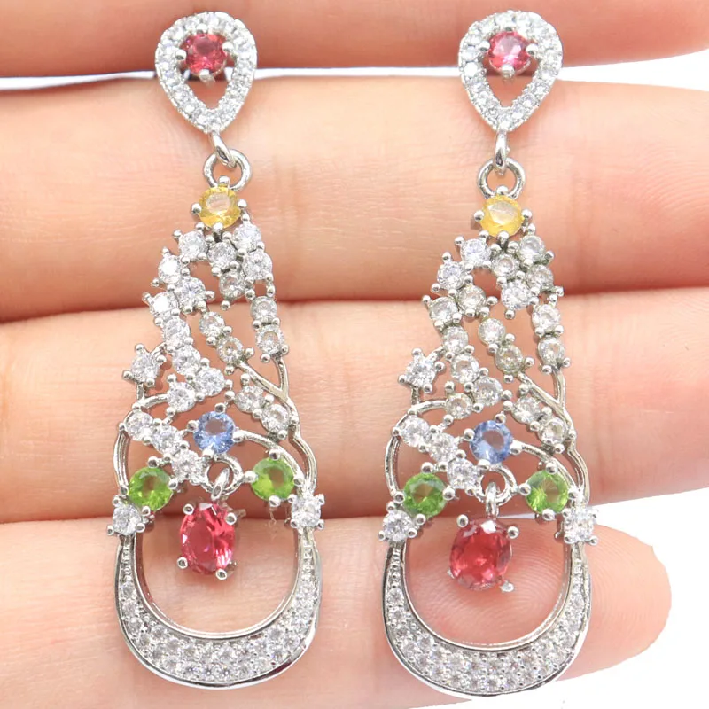 

49x15mm Gorgeous Pink Tourmaline Multi Color Tourmaline Green Peridot Violet Tanzanite CZ Females Wedding Silver Earrings