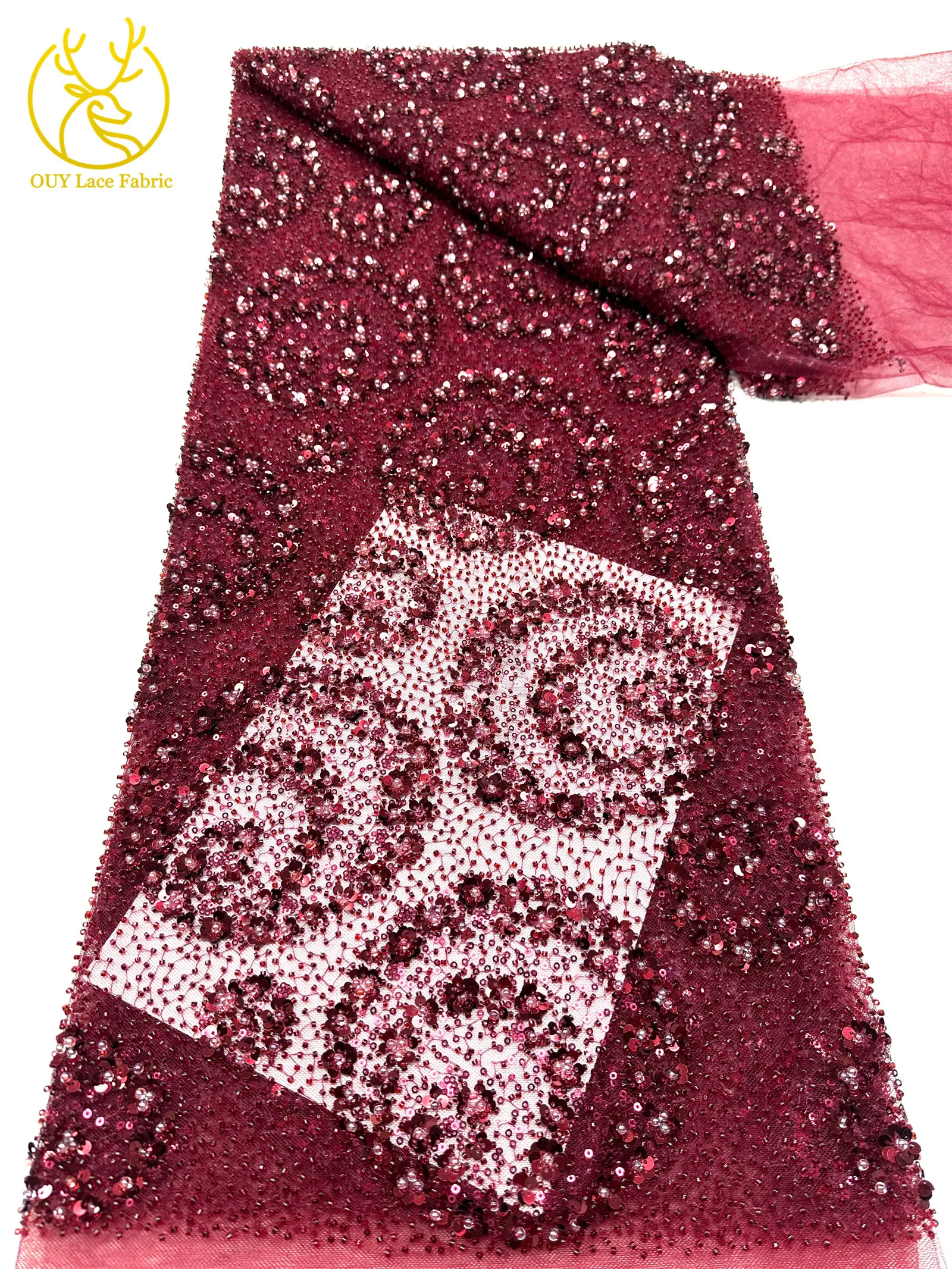 Exquisiter, eleganter nigerianischer bestickter Tüll-Spitzenstoff mit Perlen und Pailletten für Damen, zum Nähen von Ballkleidern. – Detail 17
