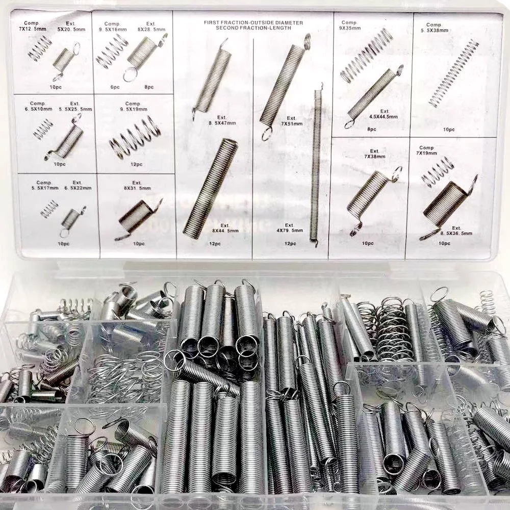 200Pcs/set Steel Spring Electrical Hardware Spring Set Extension Tension Springs Pressure Suit Metal Assortment Kit Box