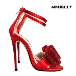 Women Red Satin High Heel Sandals Peep Toe Stiletto Crystal Bow Wedding Party Shoes
