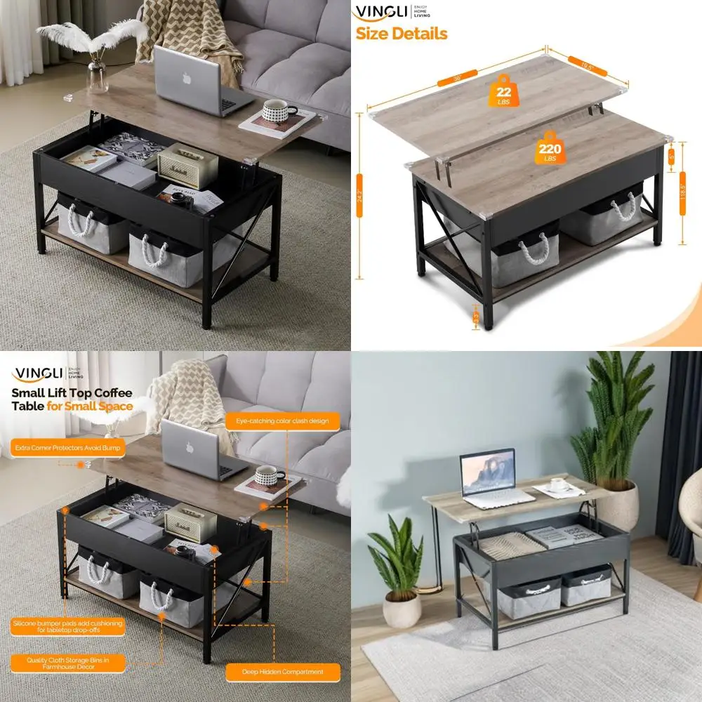 Vingli 36-inch Lift Top Coffee Table with Cloth Storage Bins, Rustic Grey Living Room Coffee Table, Modern Small