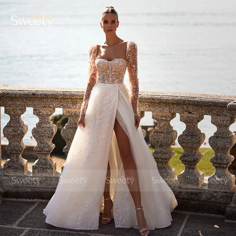 

Glitter Wedding Dress Organza With Embroidery Slit A Line Ball Gown Detachable Full Sleeve Square Collar Bride Dress Customized