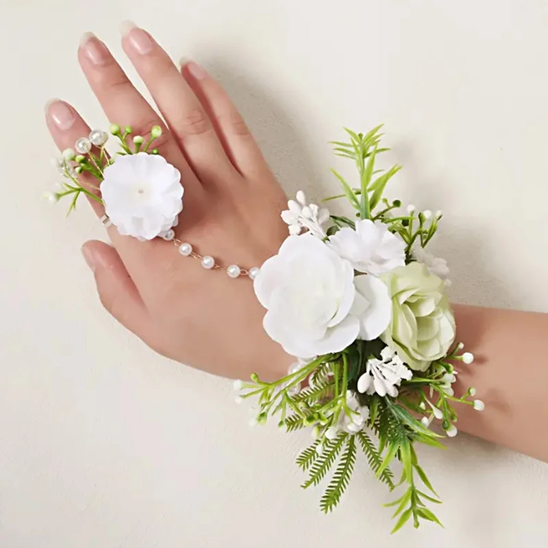 Artificial Flower Pearl Hand Wrist Flower Corsage Bridesmaid Wedding Party Bracelet Decor Romantic Accessories