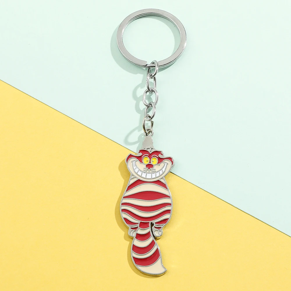 Disney Cheshire Cat Enamel Pendant Keychain Cartoon Anime Alice in Wonderland Key Chain Rings Backpack Car Accessories Gifts