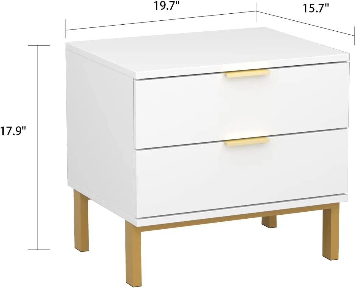 Modern Nightstand with 2 Storage Drawers  Gold Metal Legs Minimalist and Versatile Bedside Table Sofa End Side