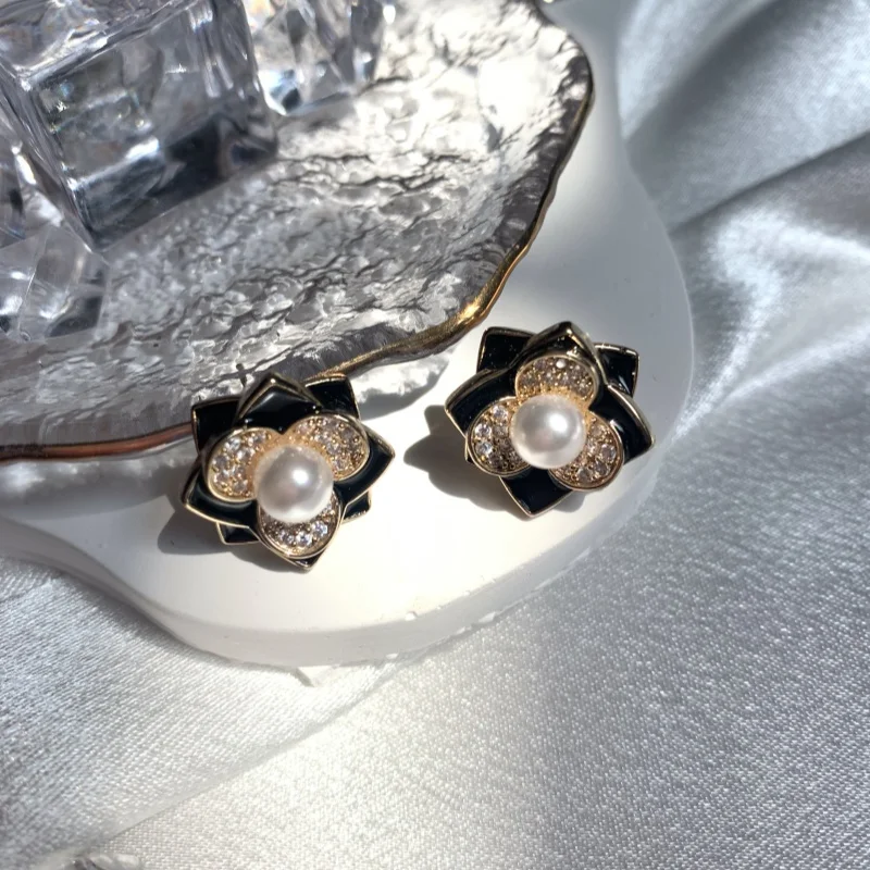 Limited Release Drop Glaze Camellia Rhinestone Pearl Earrings For Women Flower Ear Studs Final Secven Items