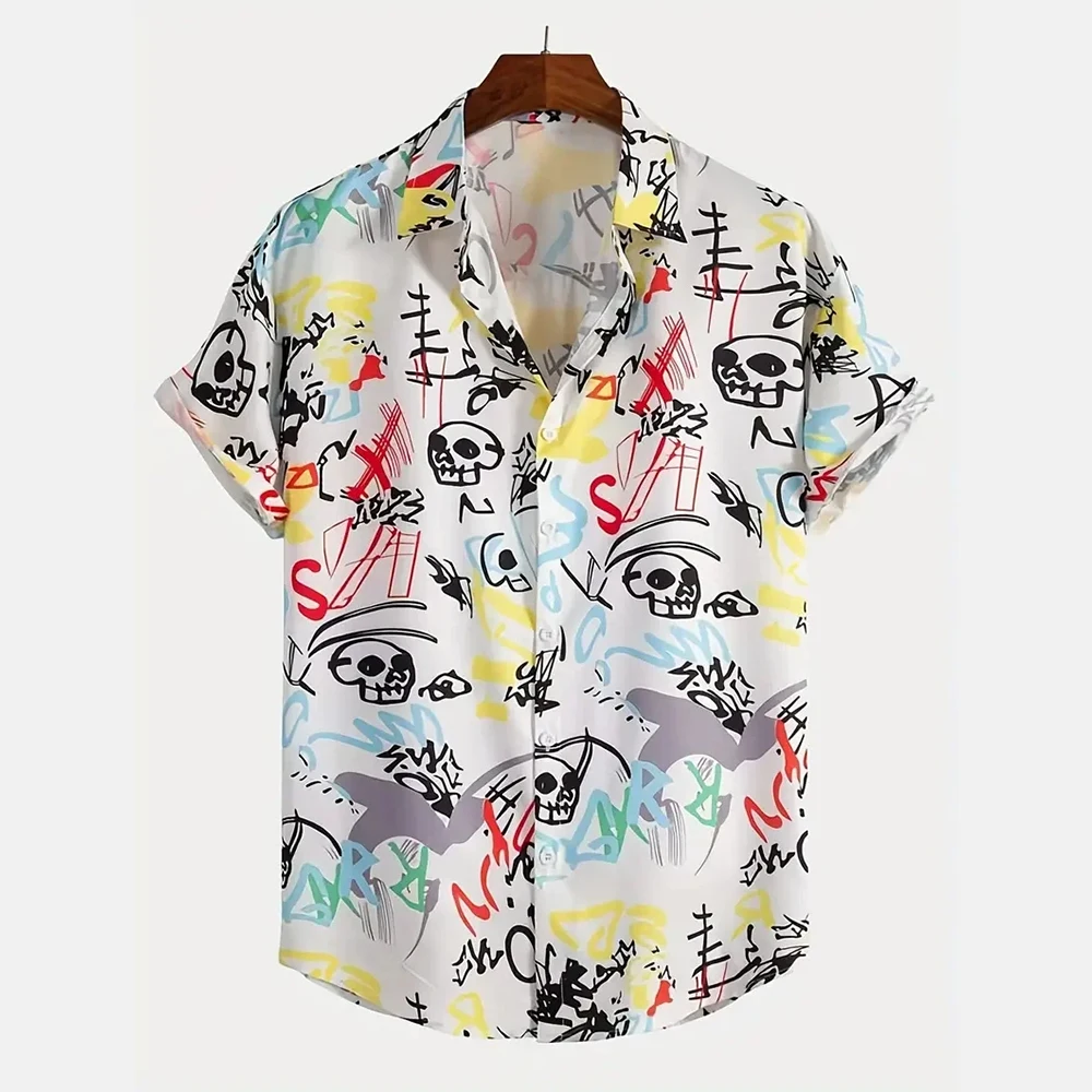 

Men's Shirt Tops, Cute Graffiti Print, Lapel Bowling Shirt Short Sleeve Casual Summer Hawaiian Shirt Single Breasted Shirt Daily