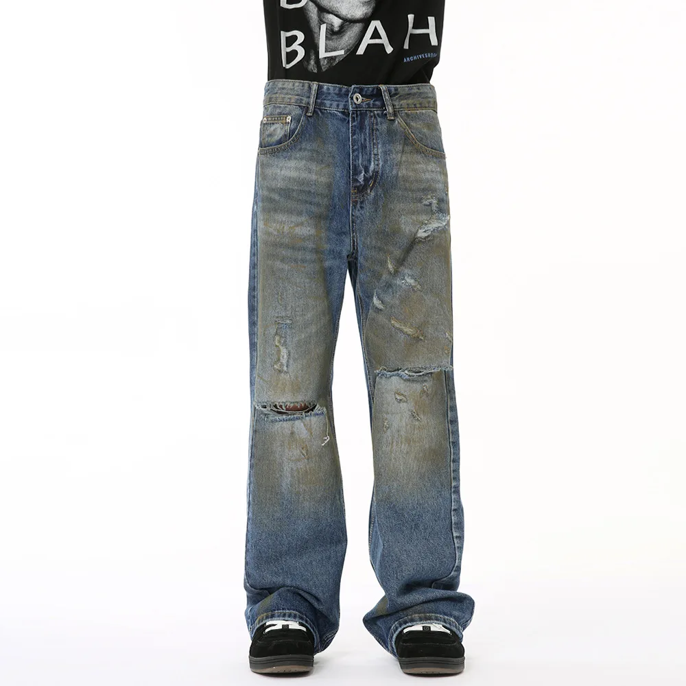 Retro Broken Distressed Wide Leg Denim Jeans Worn-out Hip Hop Spray Painting Print Flared Ripped Jeans Man Slim Trendy 2025