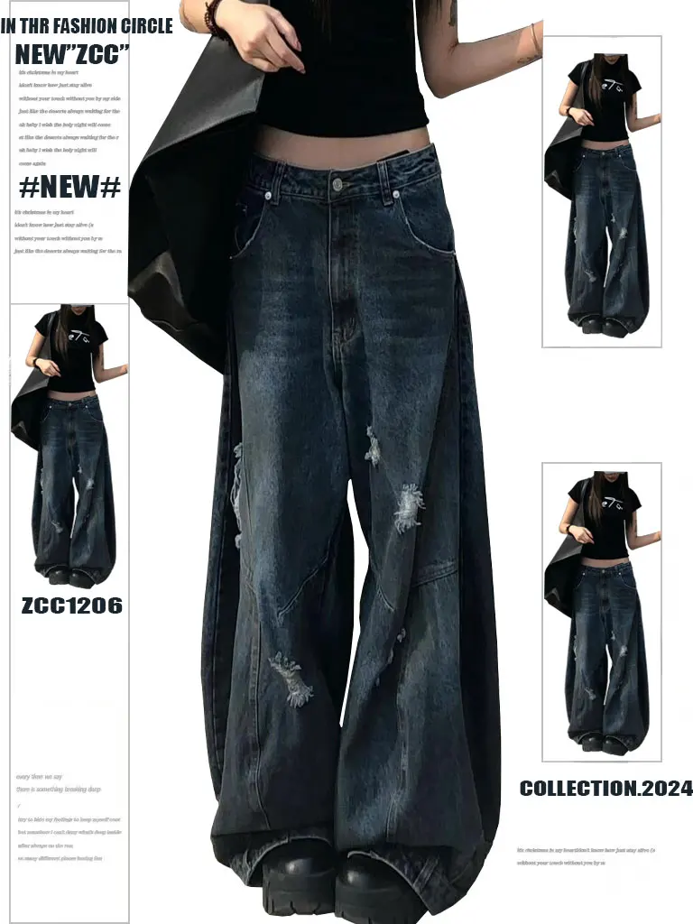

Retro American Vibe Women's High Street Dirty Hole Denim Pants Loose Wide Leg Long Trousers High Waist Tear Design Summer Wear