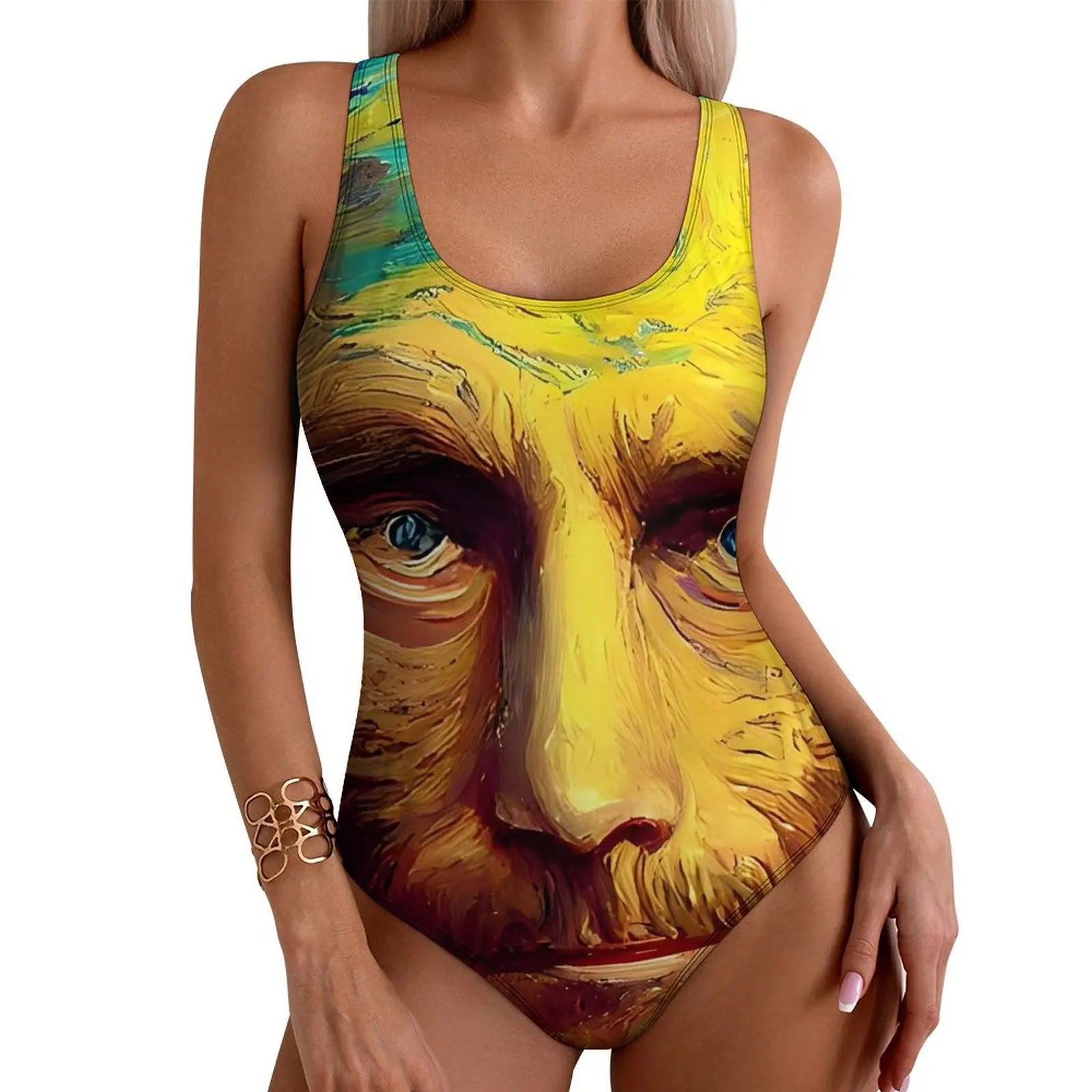 Illustrations Inspired by Van Gogh Swimsuit Sexy  Women Swimwear One-Piece Fashion Bodysuit Sport Push Up High Cut Bathing Suits