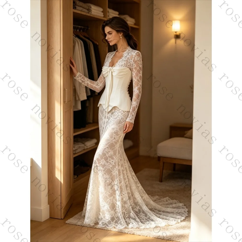 Customized Tight Corset Long Sleeved Lace Mermaid Wedding Dress 2026 Bow Transparent Slim Fit Bridal Gown Suitable for The Beach