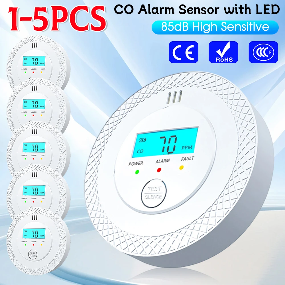 

1-5PC CO Alarm Sensor with LED 85dB High Sensitive Warning Carbon Monoxide Alarm Detector Battery Powered CO Detector Home Hotel