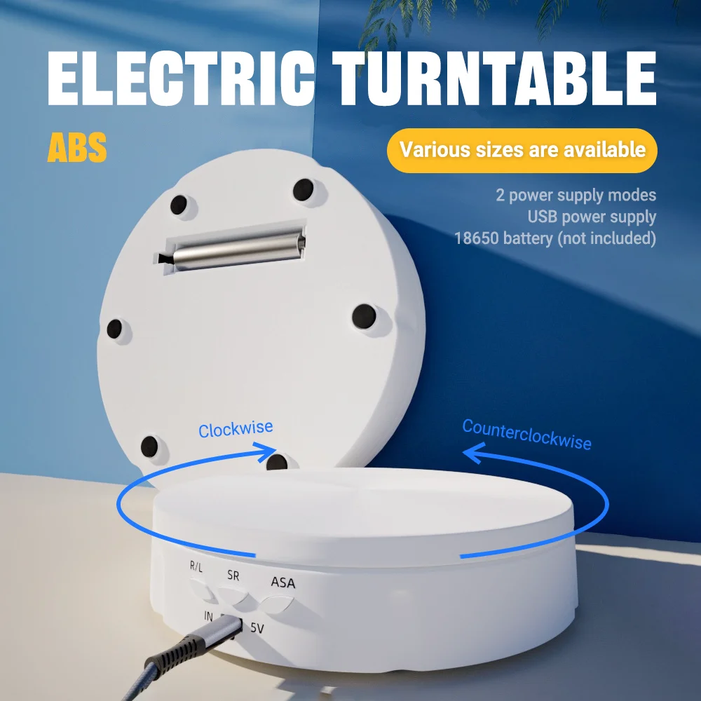 Adjustable Rotating Turntable Display Stand 3 Speed Modes 360° Motorized USB-Powered Product Photography Jewelry&Video Shooting
