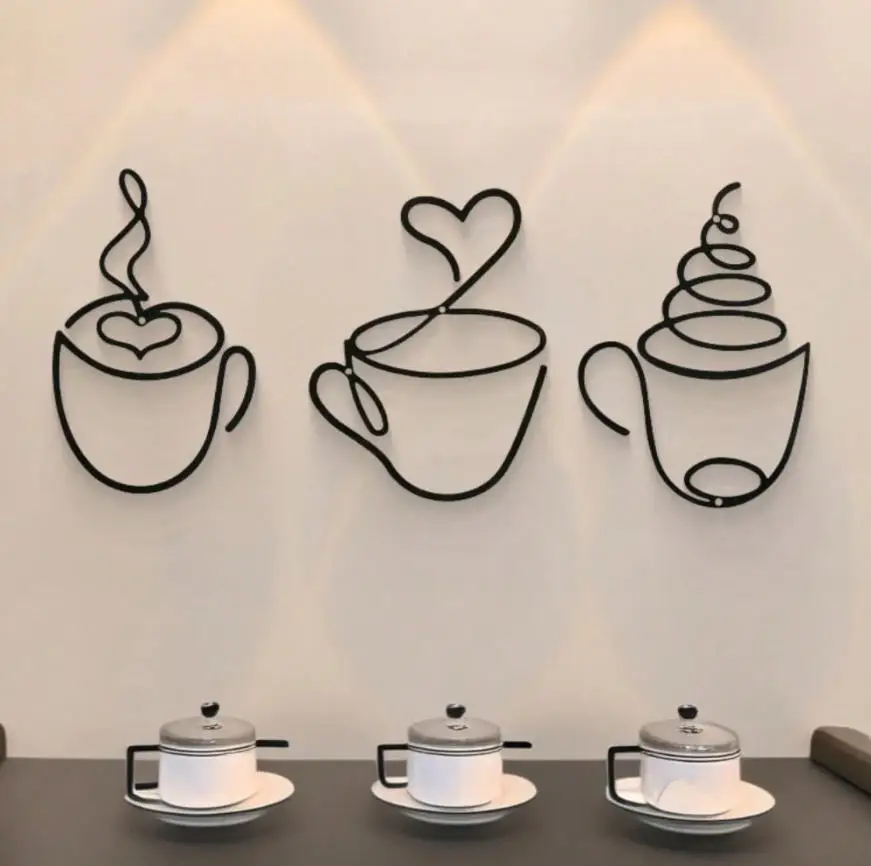 3pcs Set Luxury Iron Art Wall Hanging Decor, Modern Black Metal Coffee Cup Wall Sculpture Art, Cultural Theme Wall Hanging Decor