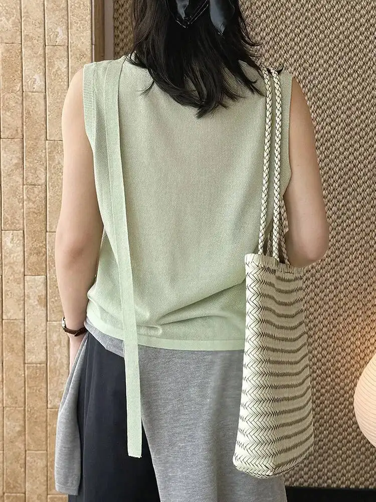 Women Green Thin Knitting Ribbon Tank Tops New Round Neck Sleeveless Personality Fashion Tide Spring Summer