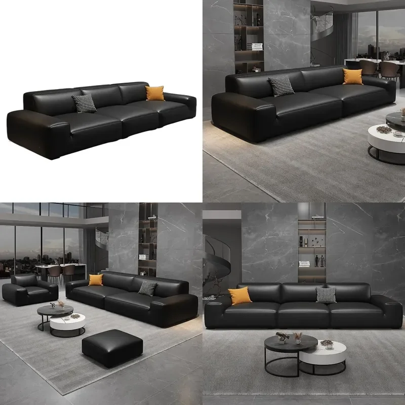 for Italian Modern Simple Living Room Sofa Big Black Cowhide Leather Straight Row Latex Tofu Block Apartment Cat Scratching