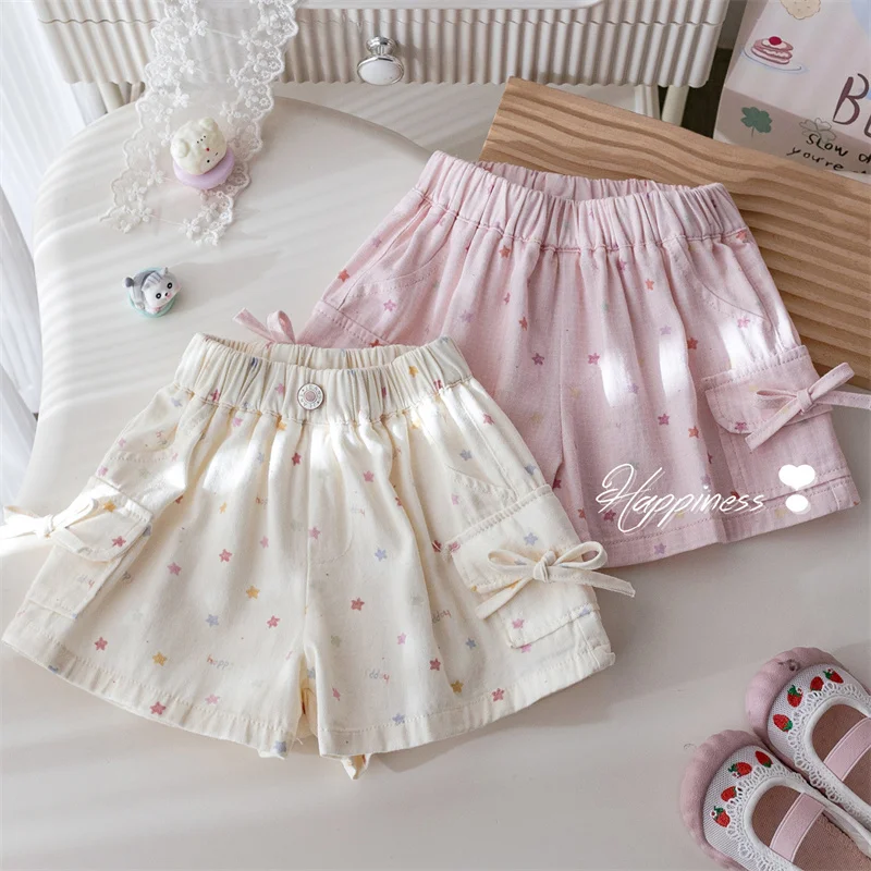 Girls Casual Shorts Summer Kids Fashion Printed Bow Cargo Pants New Children Loose Versatile Sweatpants Toddler Clothing