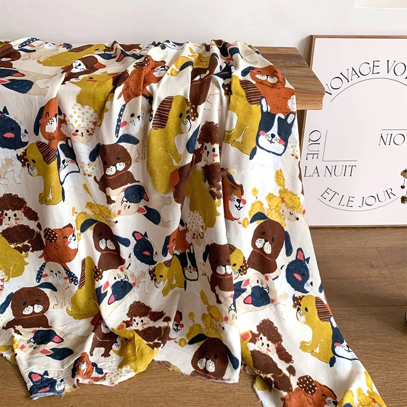 

0.5/1/2 Yard Double Layer Gauze Cartoon Dog Printed Fabric Bamboo Fiber Cotton for DIY Pajamas,Clothing,Dresses,Tablecloths