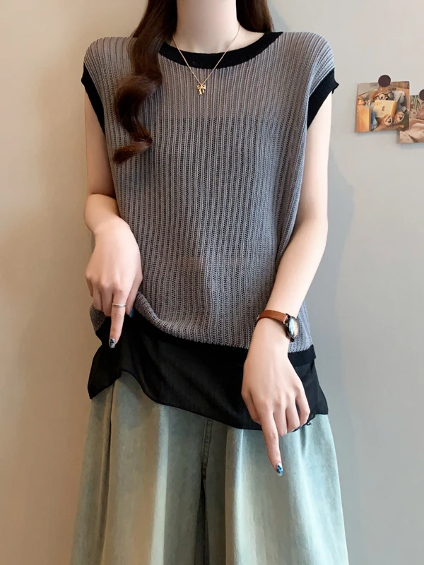 블라 화이트 스트라이프 홀로우 아웃 니트 아이스 실크 베스트 여성 여름 대형 사이즈 루즈 핏 슬림 탑 쉬폰 헴 출퇴근용