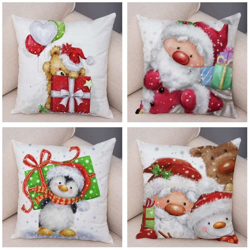 Merry Christmas Santa Claus Cushion Cover Decor Cute Cartoon Snowman Pillow Case Plush Pillowcase for Children Room Sofa 45x45cm