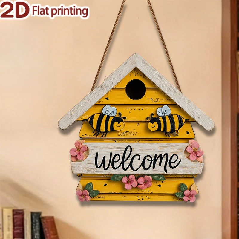 2D Flat Bee-Themed Yellow Birdhouse Wall Decor-Country Style Outdoor, Suitable for Birthday Parties, Holidays,Hive with Bee Embe