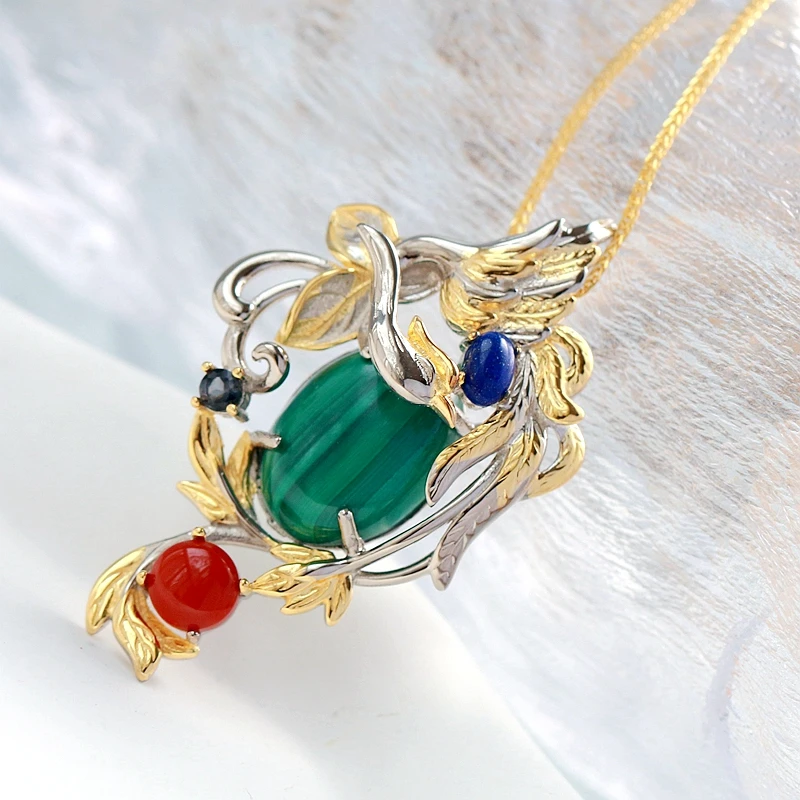 

Authentic 925 Sterling Silver Pendant Inlaid Natural Malachite Lapis South Red Agate Trendy Creative Pendant Fine Jewelry Gift