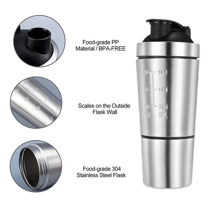 New Detachable Double Layer Stainless Steel Vacuum Whey Protein Powder Sports Shaker Water Bottle for Outdoor Use