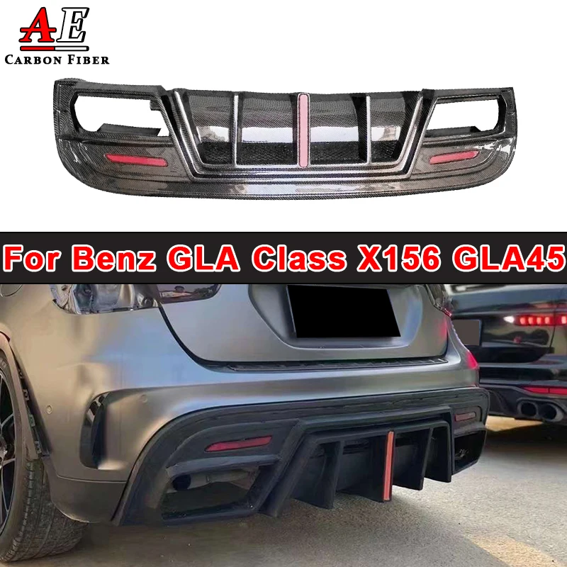 Real Carbon Fiber Rear Bumper Lip Diffuser Cover Exhaust Tips With Light For Benz X156 GLA220 260 GLA45 AMG FRP 2014-2019