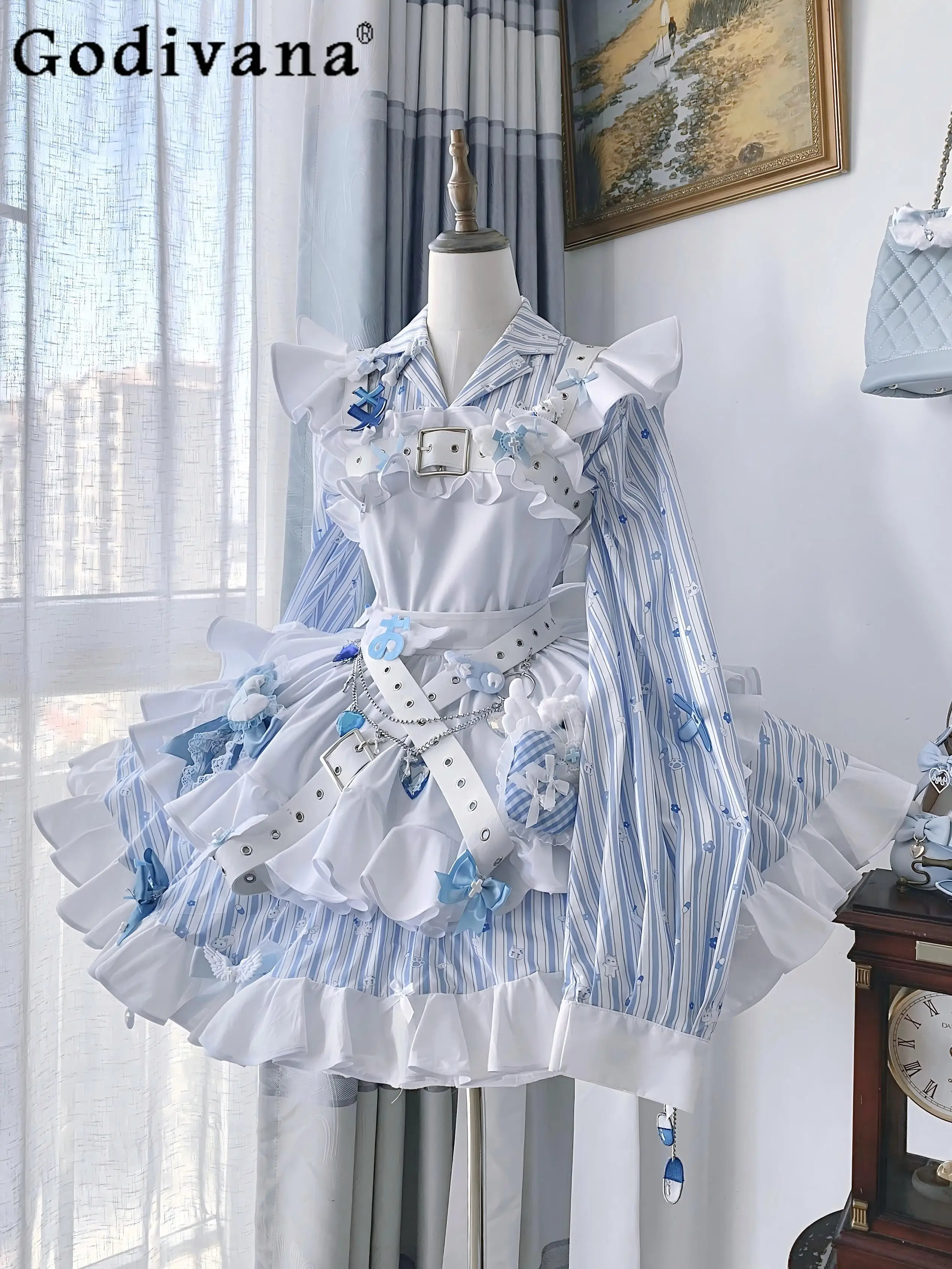 

Japanese Harajuku Mine Water Color Lolita Stripe Long Sleeve Dress Women's Spring and Autumn Shirt Skirt Apron 3 Piece Sets