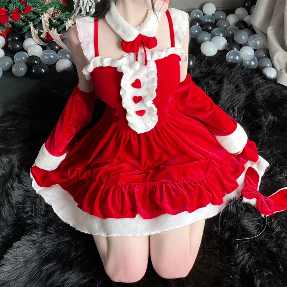 Lolita Maid-Robe de Noël en velours rouge et rose pour femme, costume de cosplay du père Noël, uniforme de lapin pour fille, robes de soirée à volants en fausse fourrure