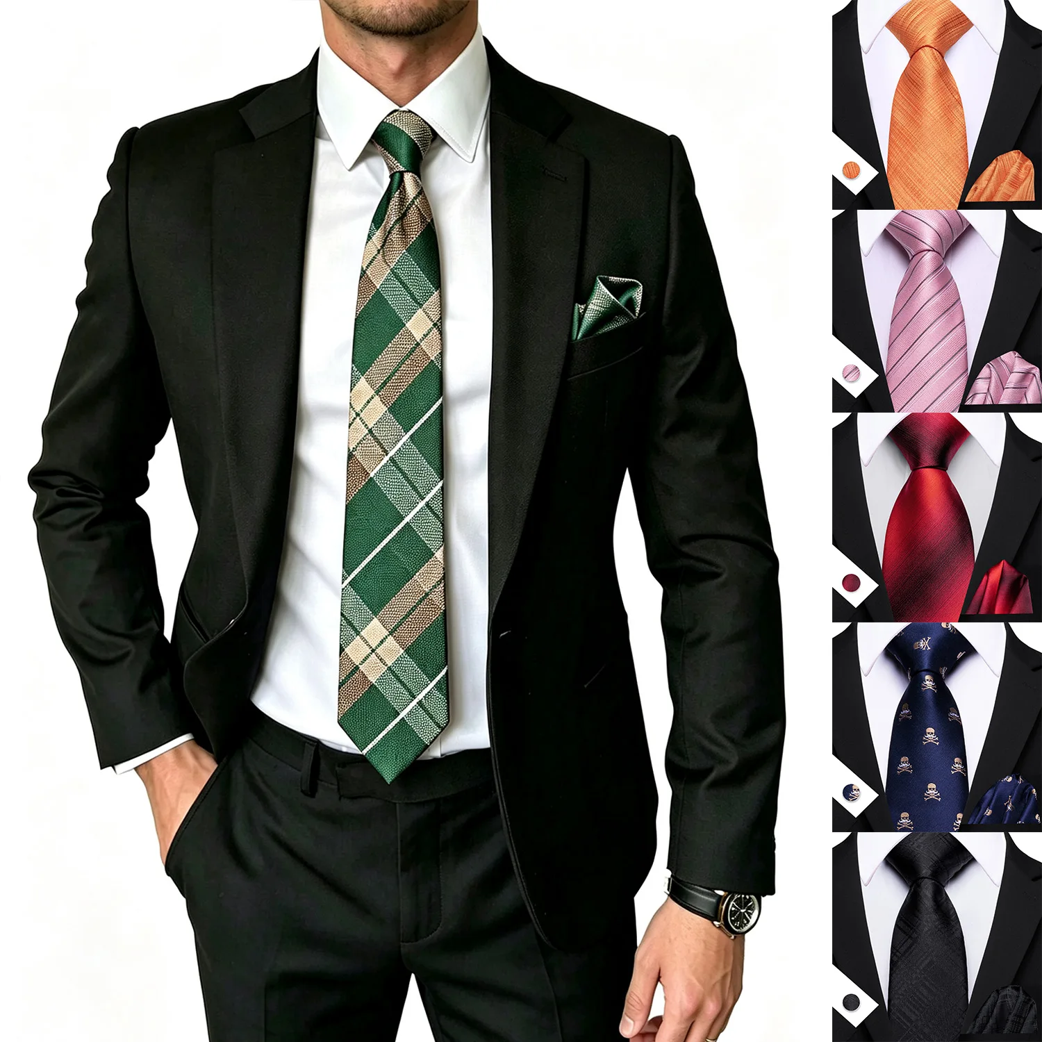 Plaid Solid Novelty Mens Necktie Set 3 Piece, With Pocket Square Cufflinks For Casual Formal