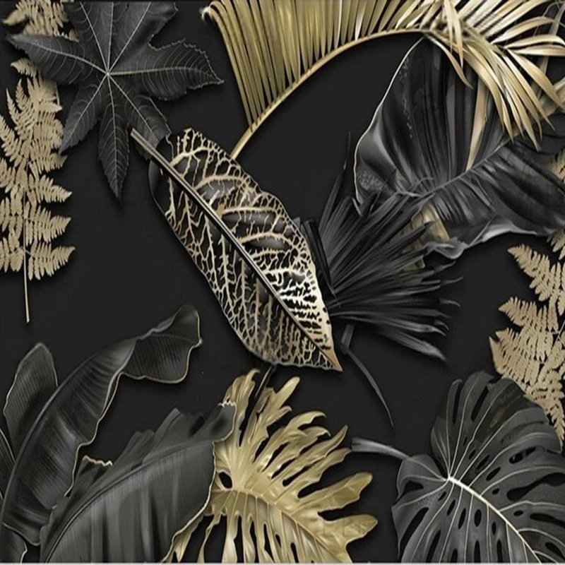 Dinding latar belakang kamar tidur dekorasi rumah mewah bergaya modern minimalis hitam dan emas dengan motif daun besar untuk ruang tamu dan TV