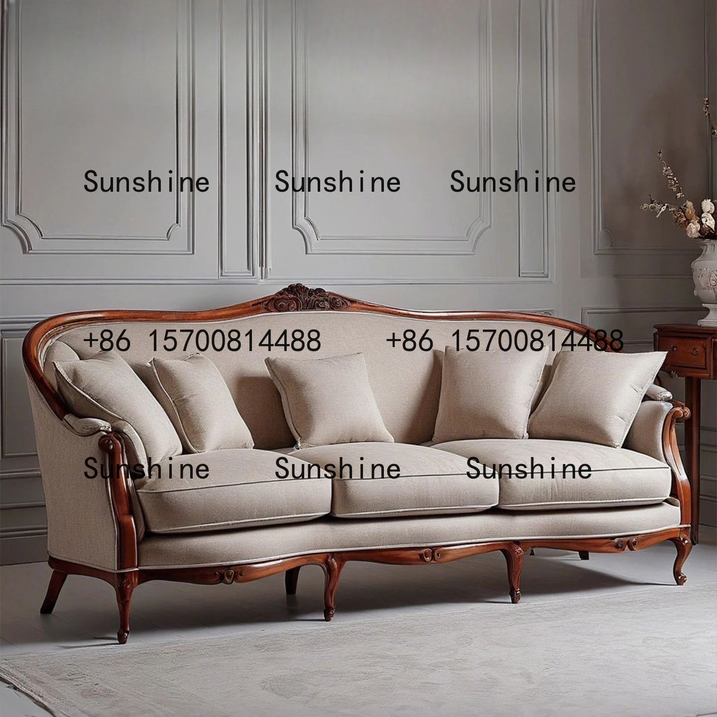 

American retro solid wood sofa small apartment living room straight three-person sofa