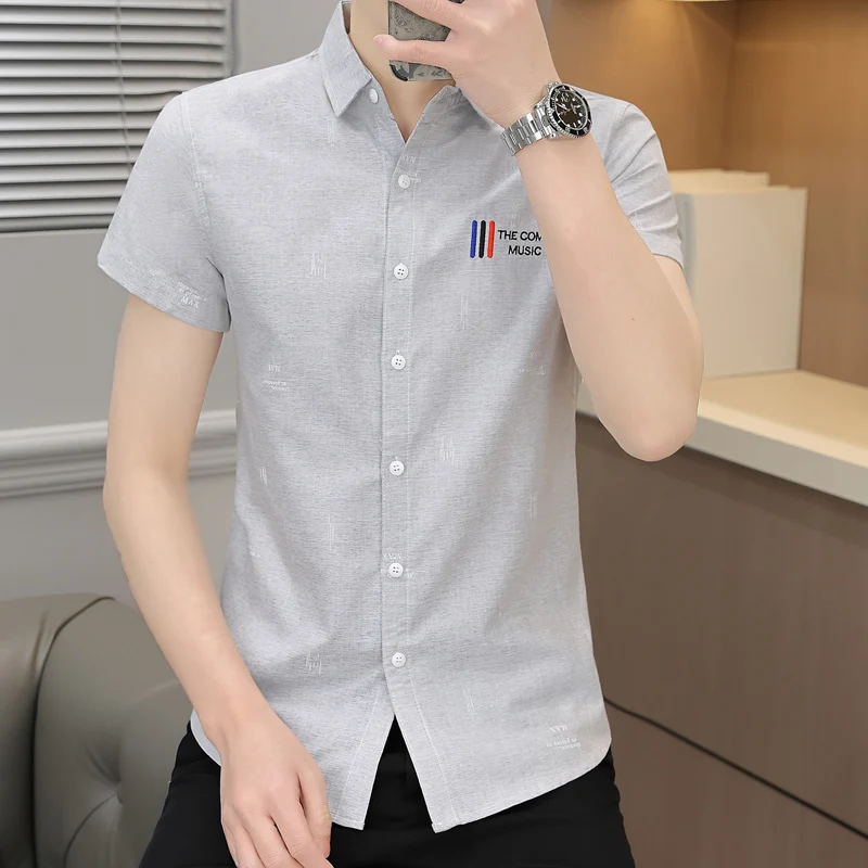 

England Style Trendy Letter Button Short Sleeve Printing Turn-down Collar Men's Clothing Summer Cardigan Shirt Formal Tops